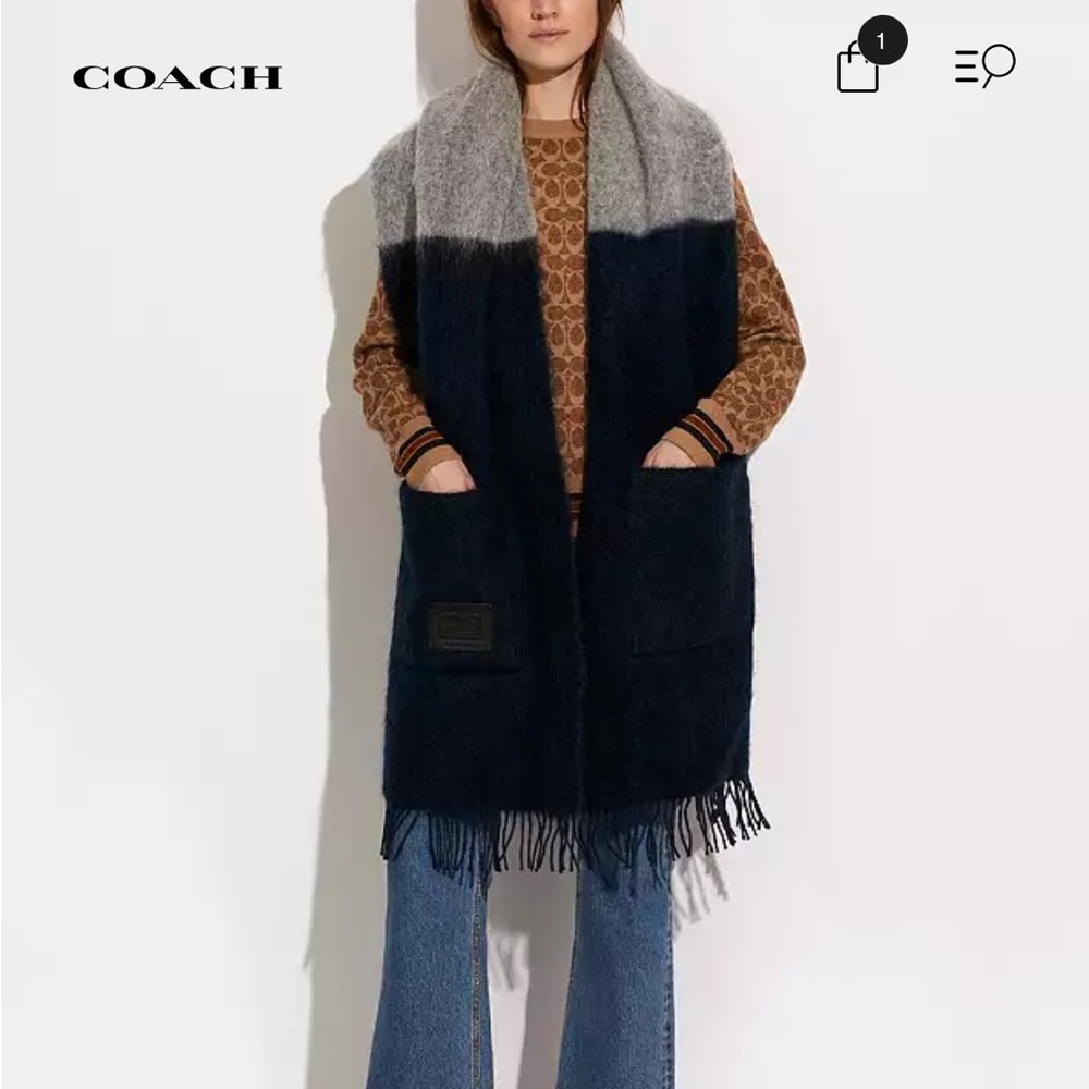 Coach Navy Blue and Gray Oversized Muffler Scarf with pockets